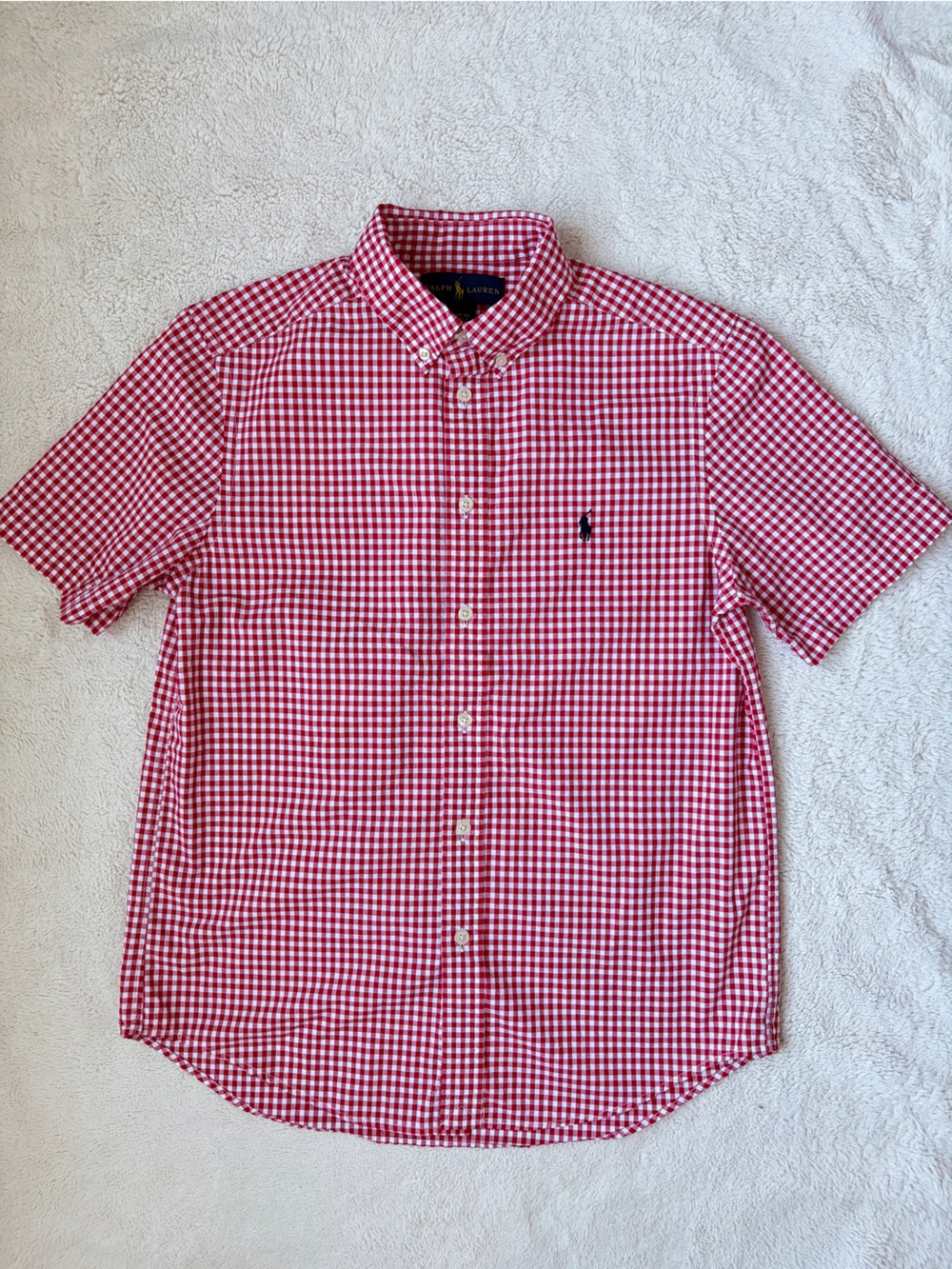 Ralph Lauren Red Gingham Button Down Short Sleeve Shirt Boys Size Large 14-16